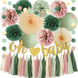 Dusty Pink And Sage Green Baby Shower Decorations Boho Oh Baby Shower Decorations For Girl Dusty Rose And Sage Green Paper Lanterns Pom Poms Beige Fans With Olive Cream Tassel Garland