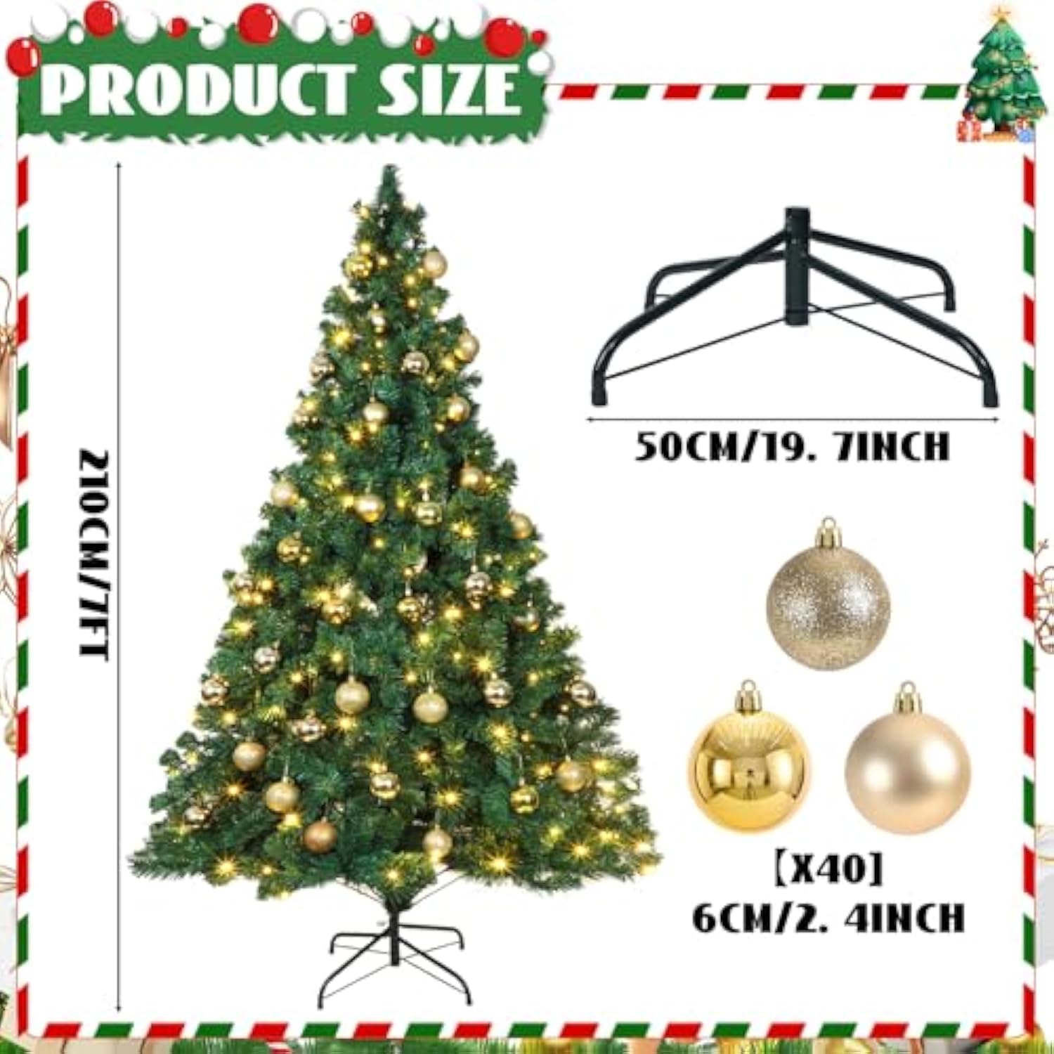 41 Pcs 7 Ft Artificial Christmas Tree With 250 Led Warm White String Lights 40 Gold Ball Ornaments Fake Xmas Tree With Metal Stand For Indoor Outdoor Home Office Xmas Holiday Party Decoration