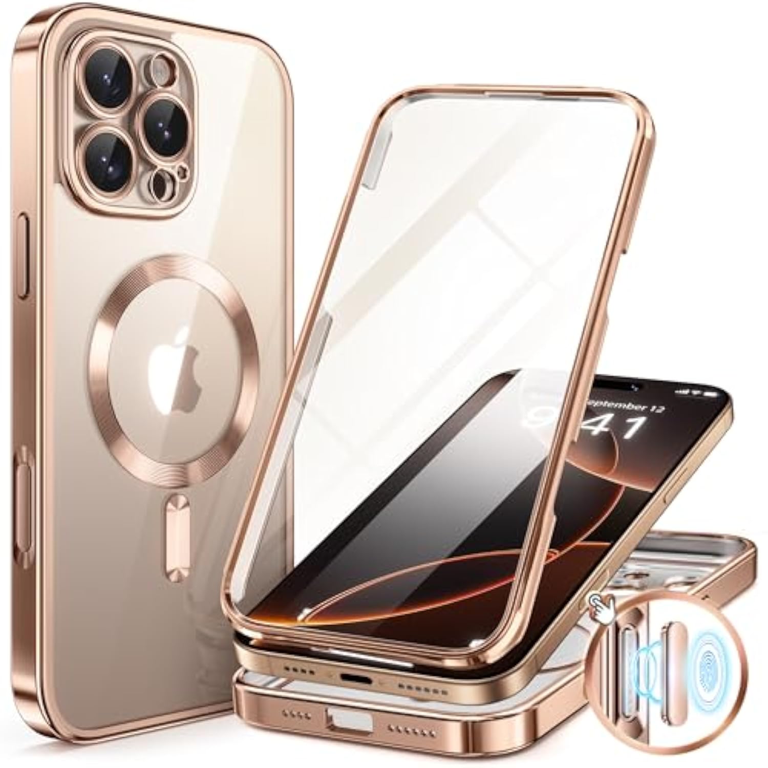Magnetic For Iphone 16 Pro Case, Compatible With Magsafe, Built-In 9H Tempered Glass Screen Protector & Upgraded Camera Protection, Full-Body Plating Phone Case For 16 Pro 6.3", Desert Gold