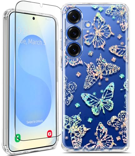 Clear Glitter For Samsung Galaxy S25 Plus Case 6.7 Inch, Shockproof Thin Flower Slim Cute Crystal Lace Bling Women Hard Back Soft Tpu Bumper Protective Cover For Samsung S25 Plus Mandala Henna