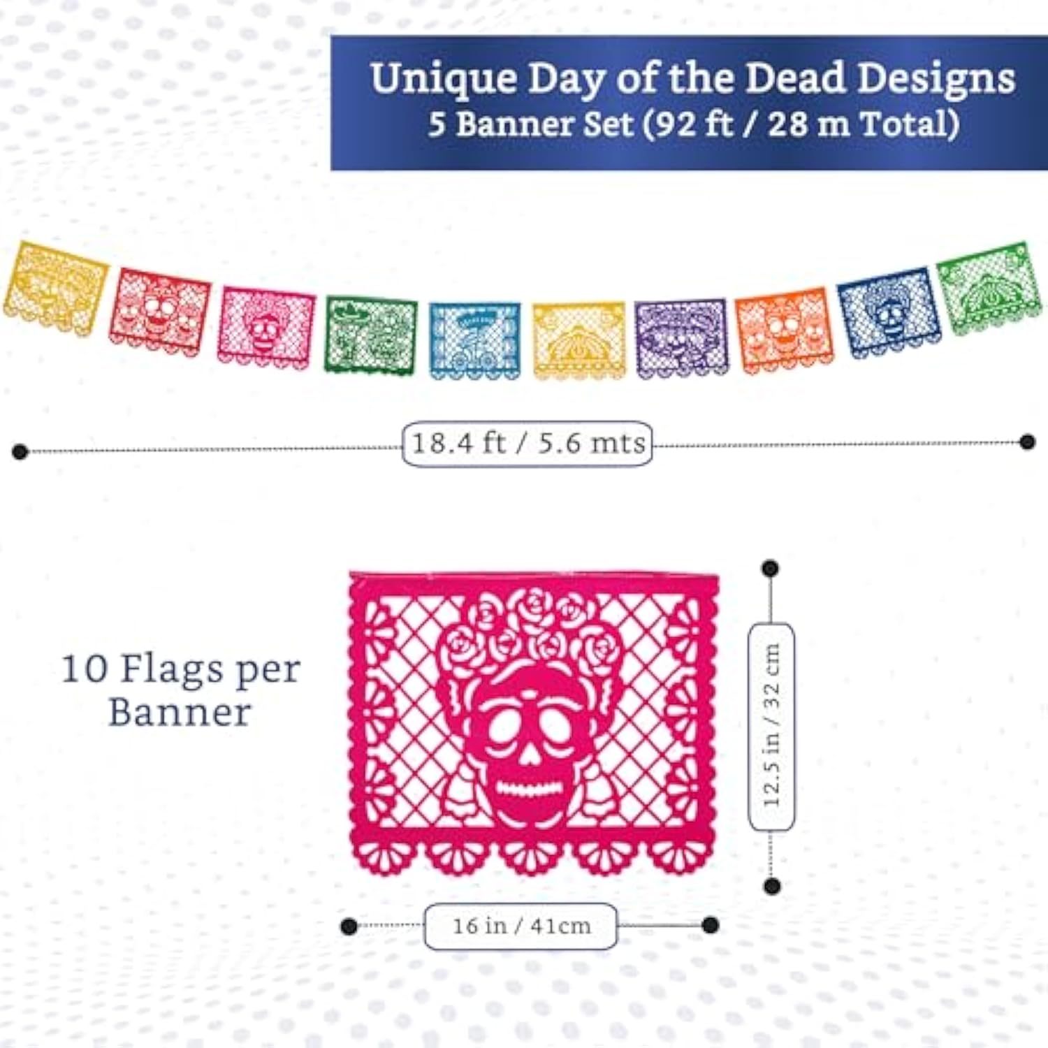 Mexican Party Banners (5 Pack - 10 Plastic Flag Designs Per Banner) - Papel Picado Dia De Los Muertos Decorations For Altar - Day Of The Dead Banners - Day Of Dead Decor