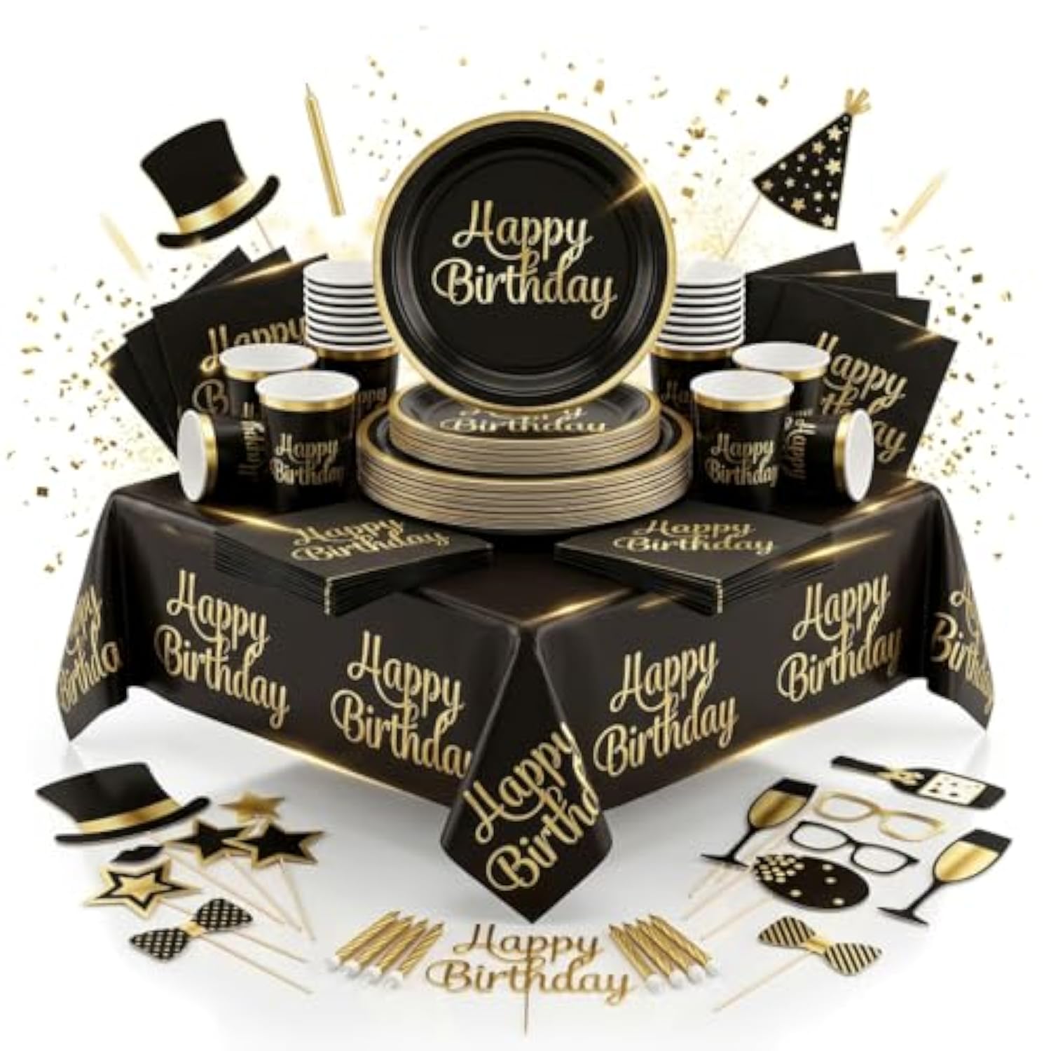 30 Guest Black And Gold Happy Birthday Gold Foil Include Complete Party Pack 9" Dinner Paper Plates 7" Dessert Paper Plates 12 Oz Cups 3 Ply Napkins Party Supplies