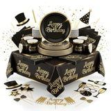 30 Guest Black And Gold Happy Birthday Gold Foil Include Complete Party Pack 9" Dinner Paper Plates 7" Dessert Paper Plates 12 Oz Cups 3 Ply Napkins Party Supplies
