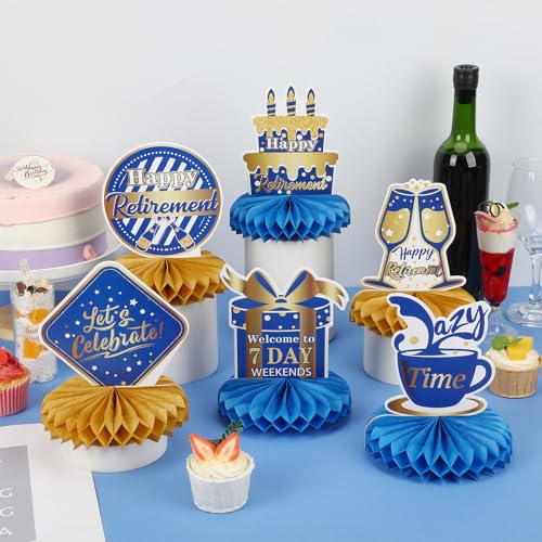 10Pcs Retirement Party Decorations Blue Gold Honeycomb Centerpiece
