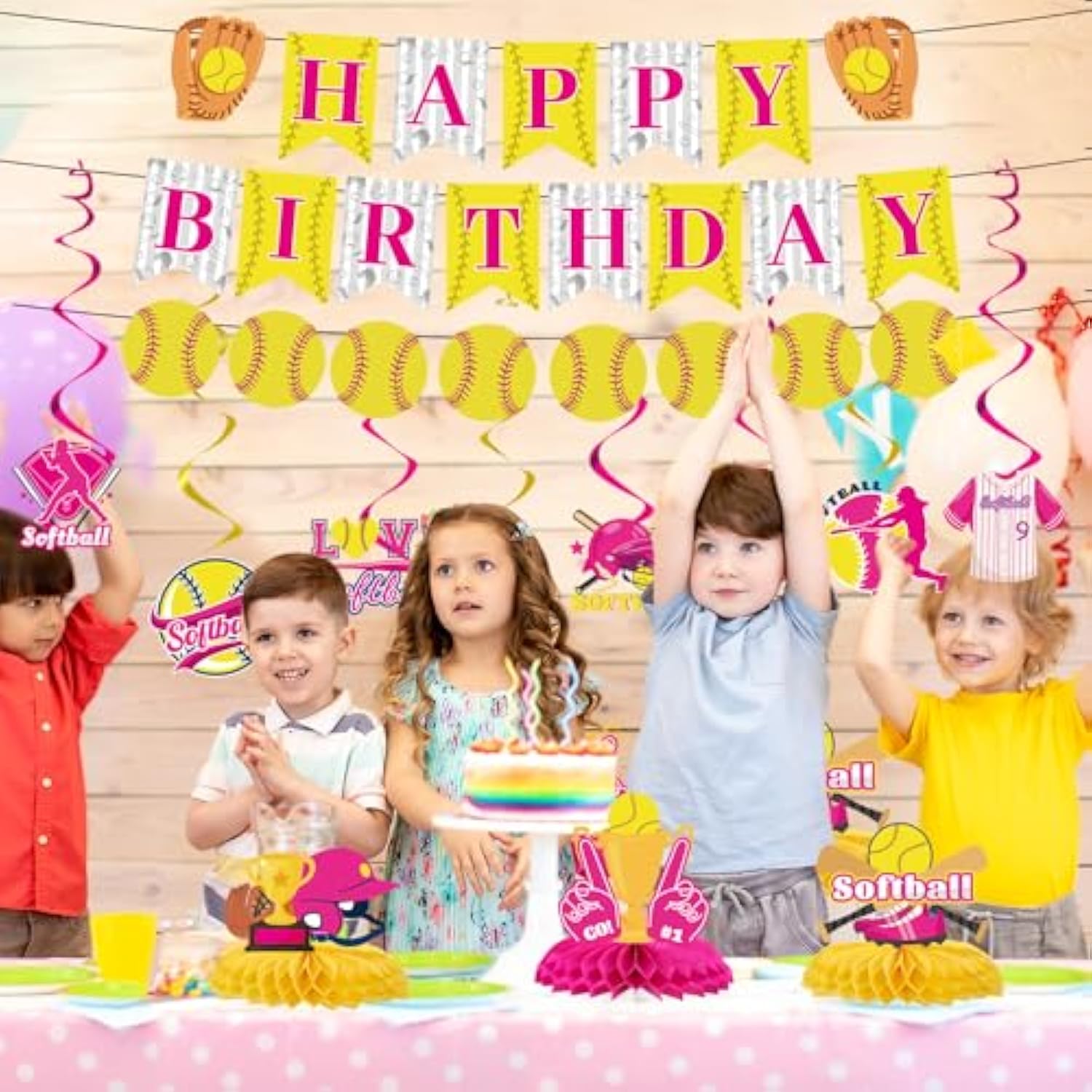 Softball Birthday Party Decorations - Themed Happy Banner, Hanging Swirls, Honeycomb Centerpieces, Table Decor, Sports Party Supplies