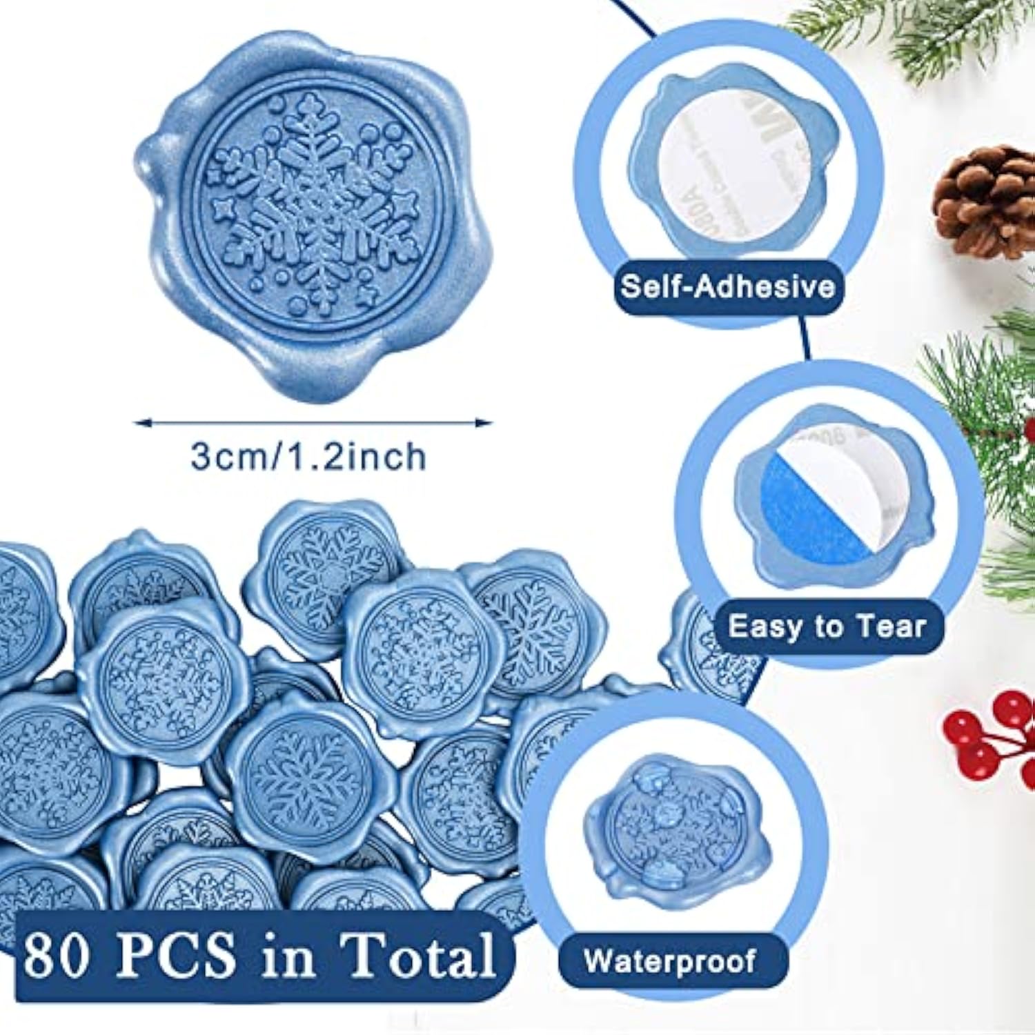 80Pcs Christmas Wax Seal Stickers Snowflake Envelope Seal Stickers 3D Blue Snowflake Self-Adhesive Embossed Stickers For Xmas Winter Greeting Invitation Cards Packages Gift Decor, 4 Design