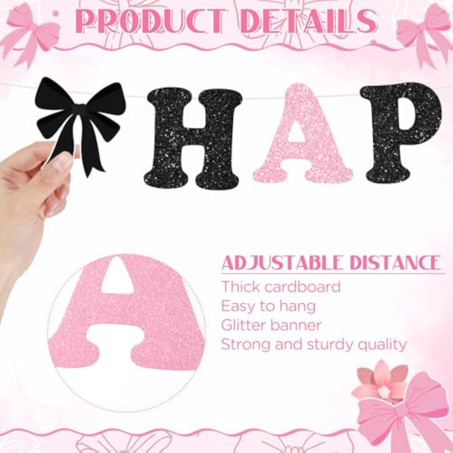 Pink & Black Bow Birthday Decorations Glitter Banner & Garland for Parties
