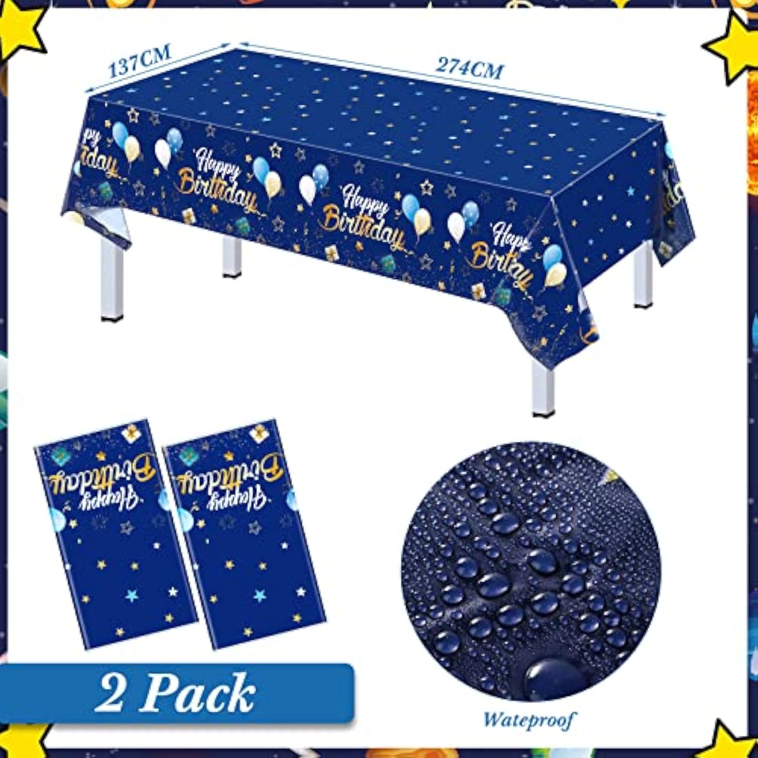Blue & Gold Birthday Tableware Set – Banner, Tablecloth, Plates, Cups and Napkins for 24