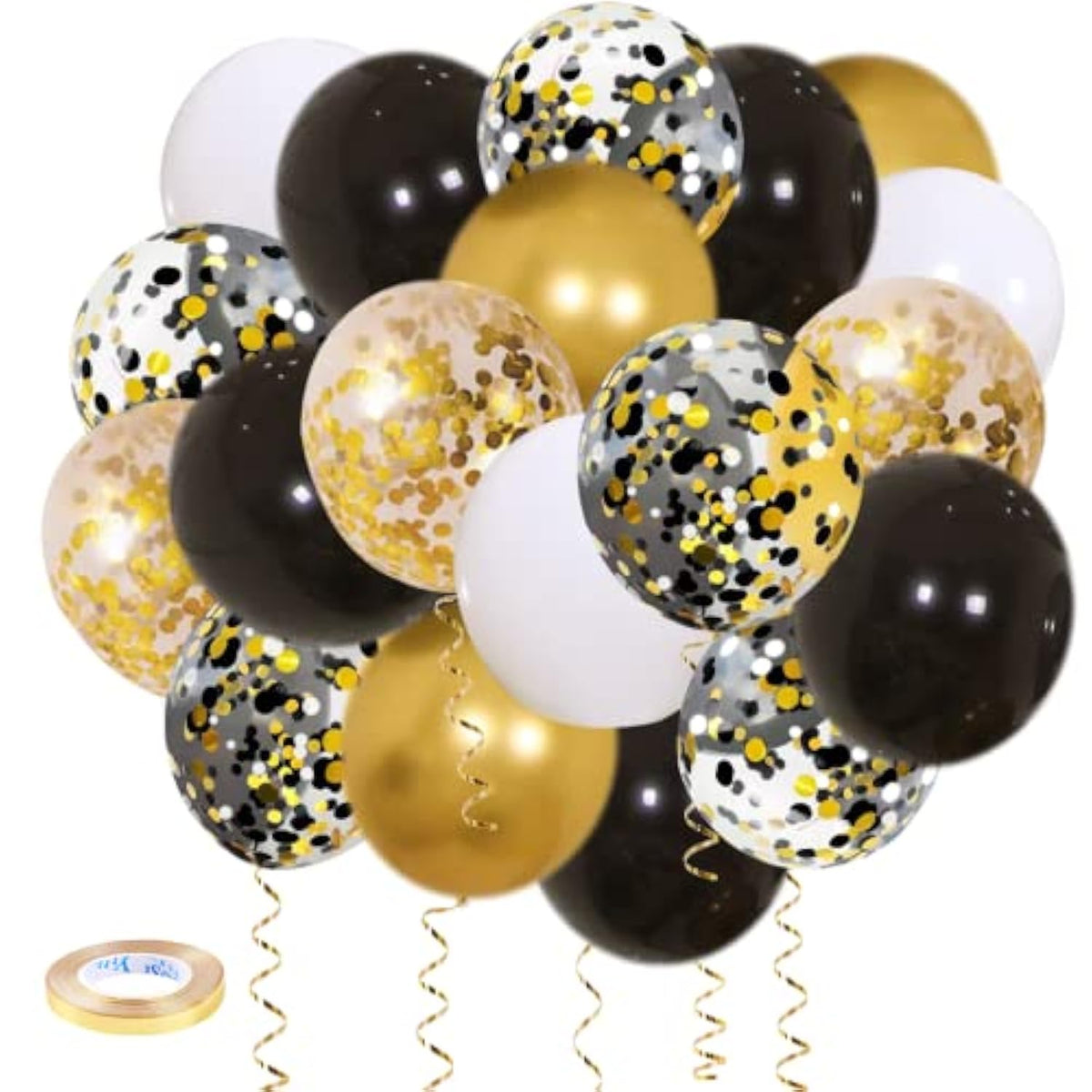 50 Pc Black Gold White Confetti Balloons 12 Inch with Ribbons for Party Decor