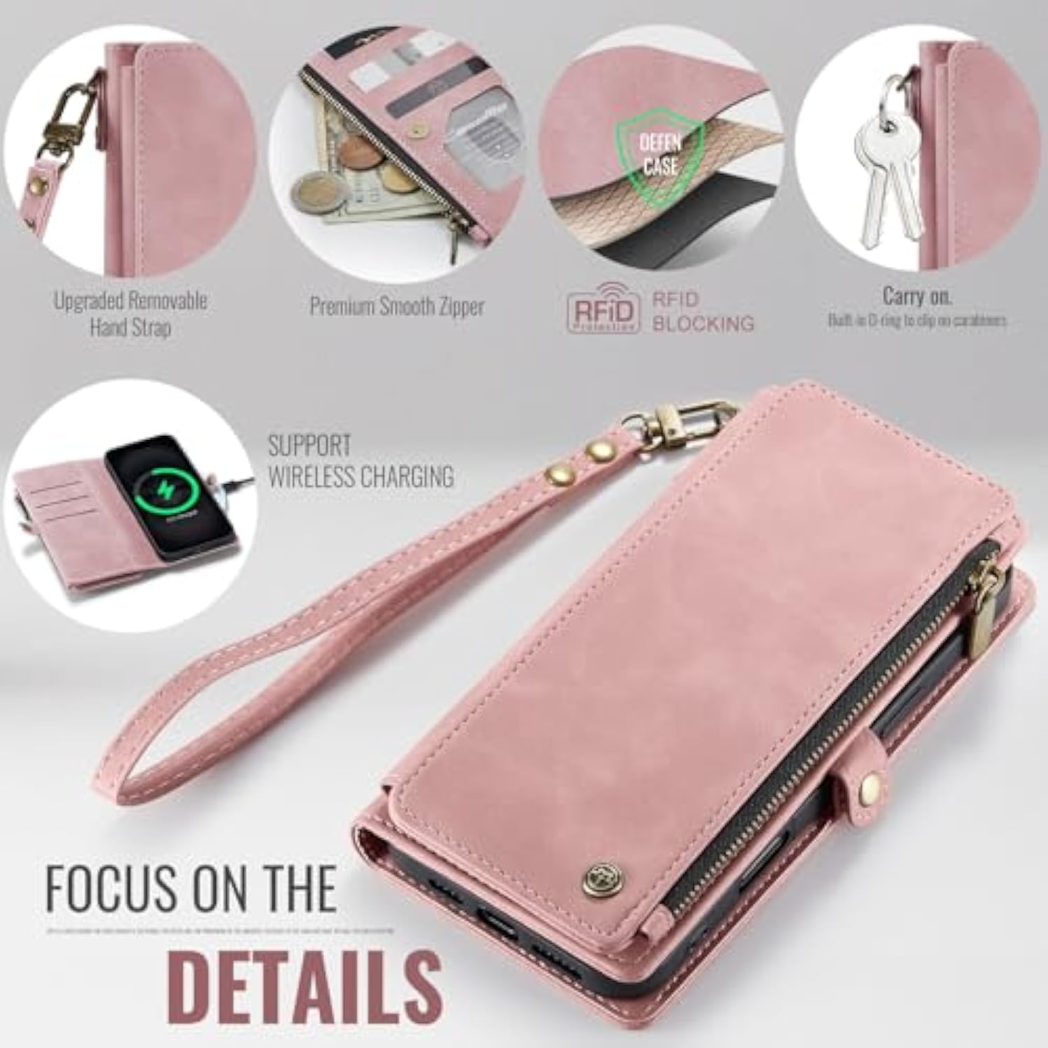 Compatible With Iphone 16 Plus Case Wallet With Rfid Blocking Card Holder For Women Men, Pu Leather Magnetic Snap Flip Zipper Strap Wallet Phone Case Fit For Iphone 16 Plus 6.7", Rose Pink