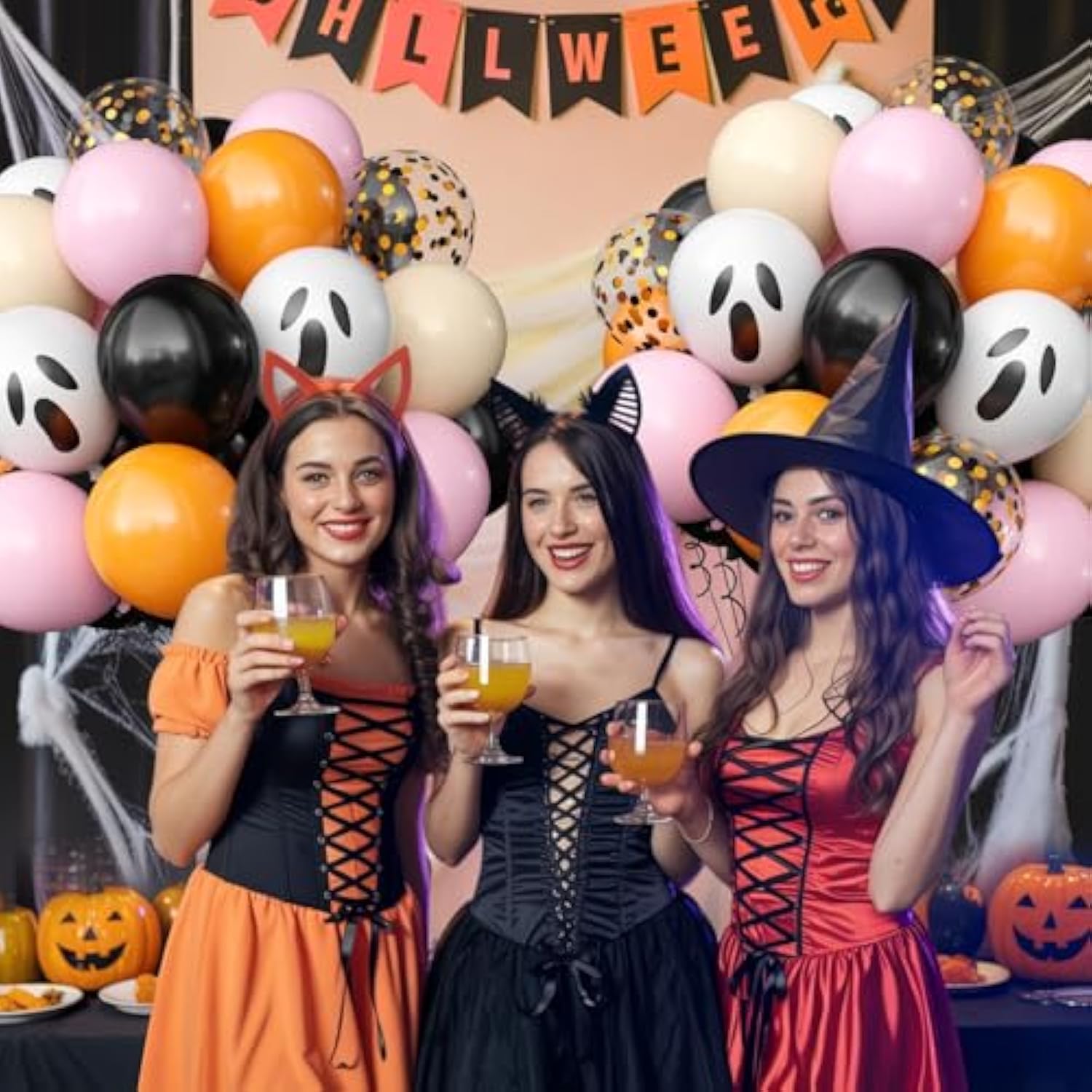 Pink & Orange Halloween Balloon Set: Ghost, Bat, Confetti (60PCS)