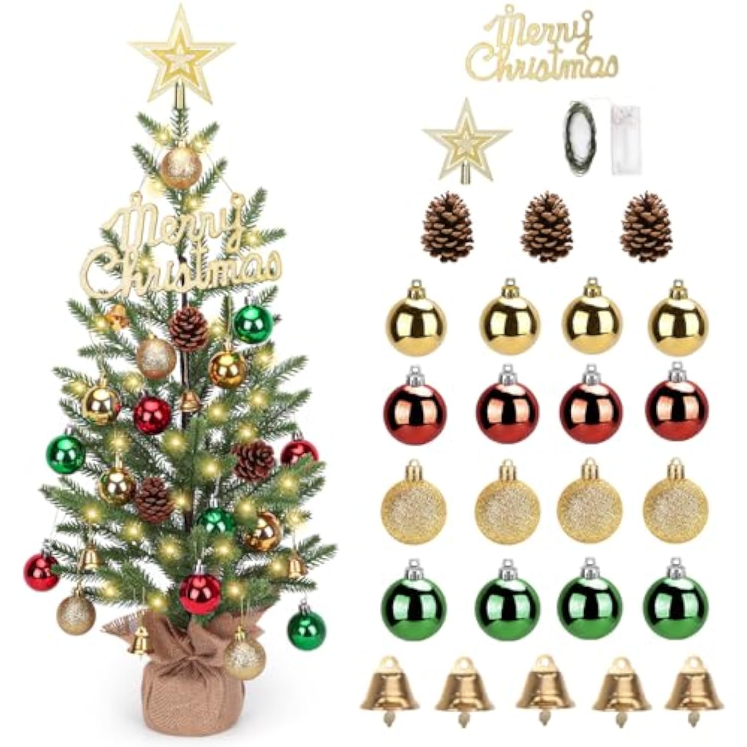 2Ft Mini Christmas Tree,Tabletop Christmas Tree With 30 Led Lights - Timer & 26 Diy Ornaments,24 Inch Artificial Small Christmas Trees With Pe Branch Tips & Base With Burlap,Xmas Decor For Home Indoor