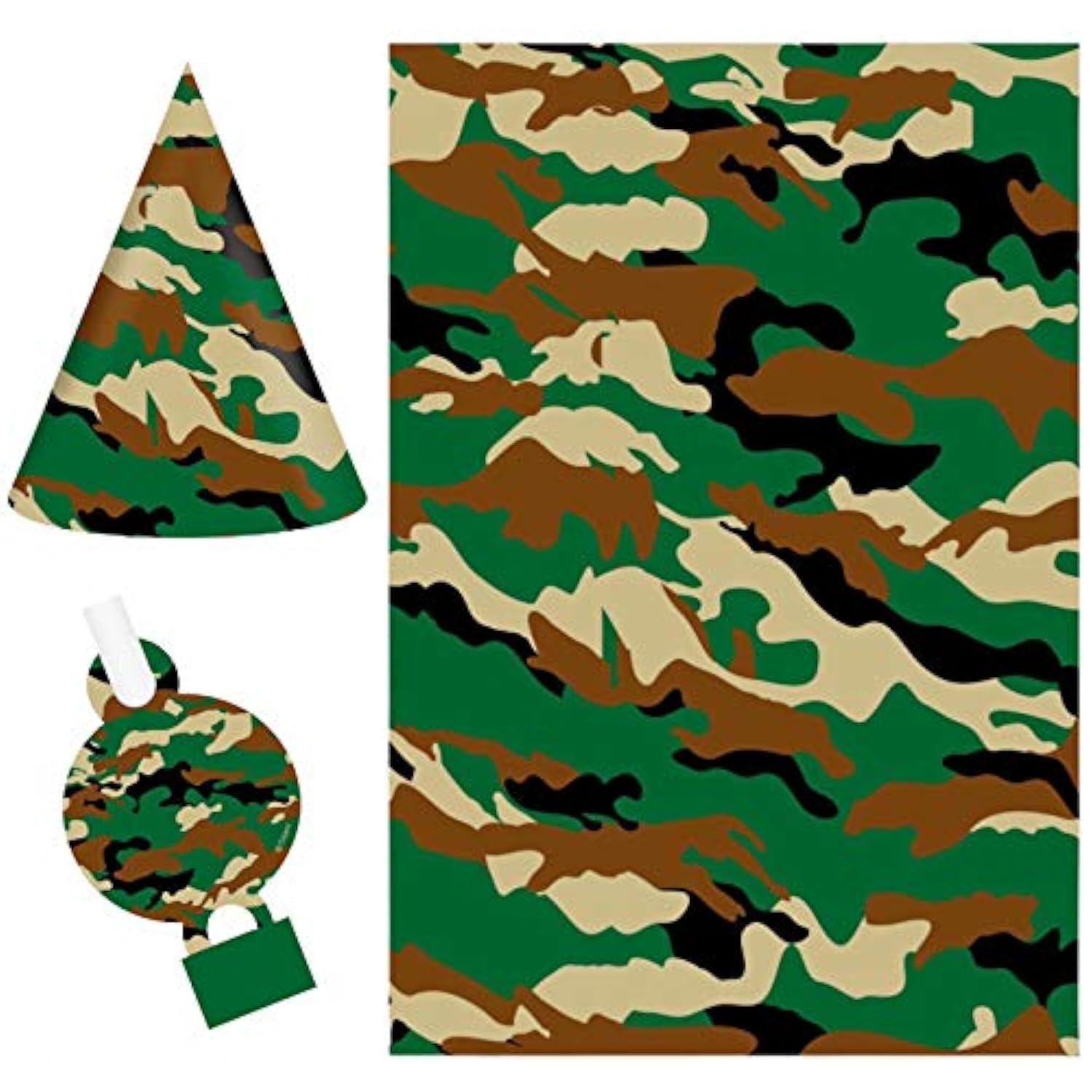 Camo Party Decorations Kit – Complete Camouflage Birthday Party Supplies With Hats, Blowouts, Treat Bags, 14 Swirls, Pennant Banners & Backdrop For Army, Military, Hunting, Going Away Parties