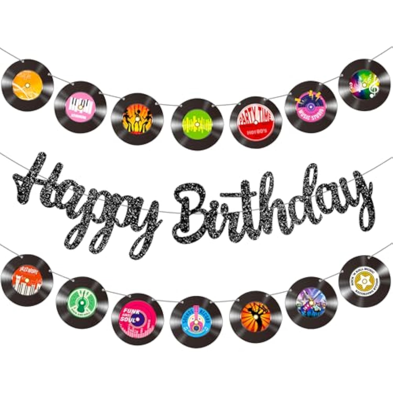 3Pcs Rock And Roll Vinyl Records Birthday Party Decorations Retro Vinyl Record Cutout Banners With Black Glitter Happy Birthday Banner For 50S 70S 90S Style Birthday Rock Music Dj Party Baby Shower Supplies