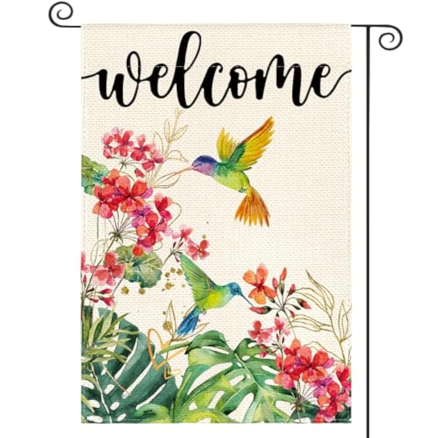 Hummingbird Floral Welcome Garden Flag 12X18 Inch Double Sided Outside, Spring Summer Burlap Small Yard Outdoor Flag