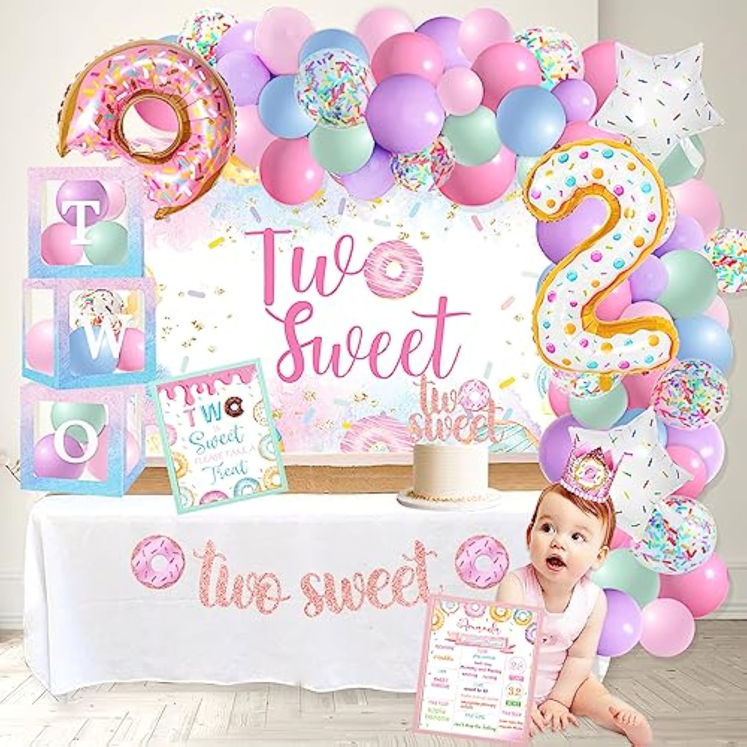 Two Sweet Birthday Party Supplies Donut & Ice Cream Decor for 2nd Birthday