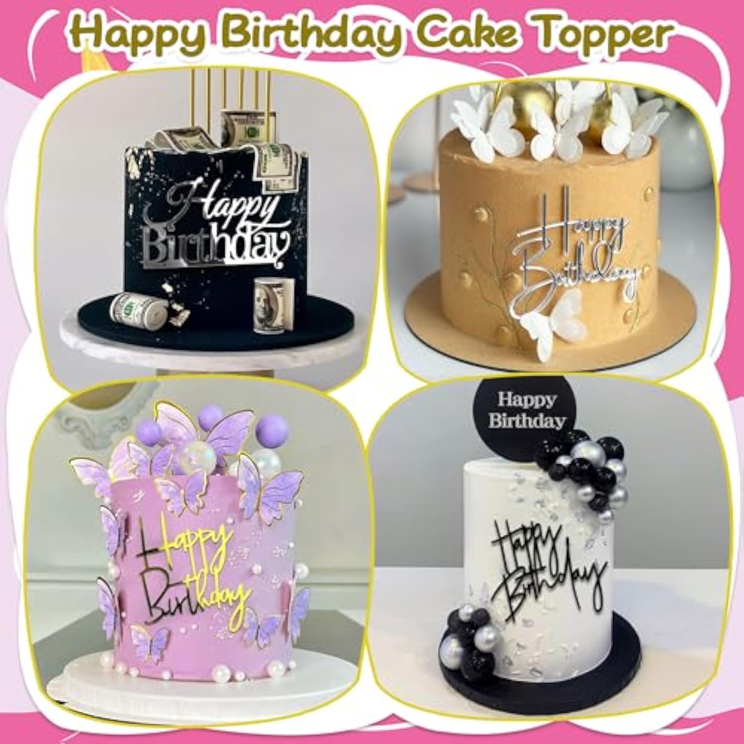 24pcs Mirror Acrylic Happy Birthday Cake Toppers – 8 Styles, 3 Colors Set