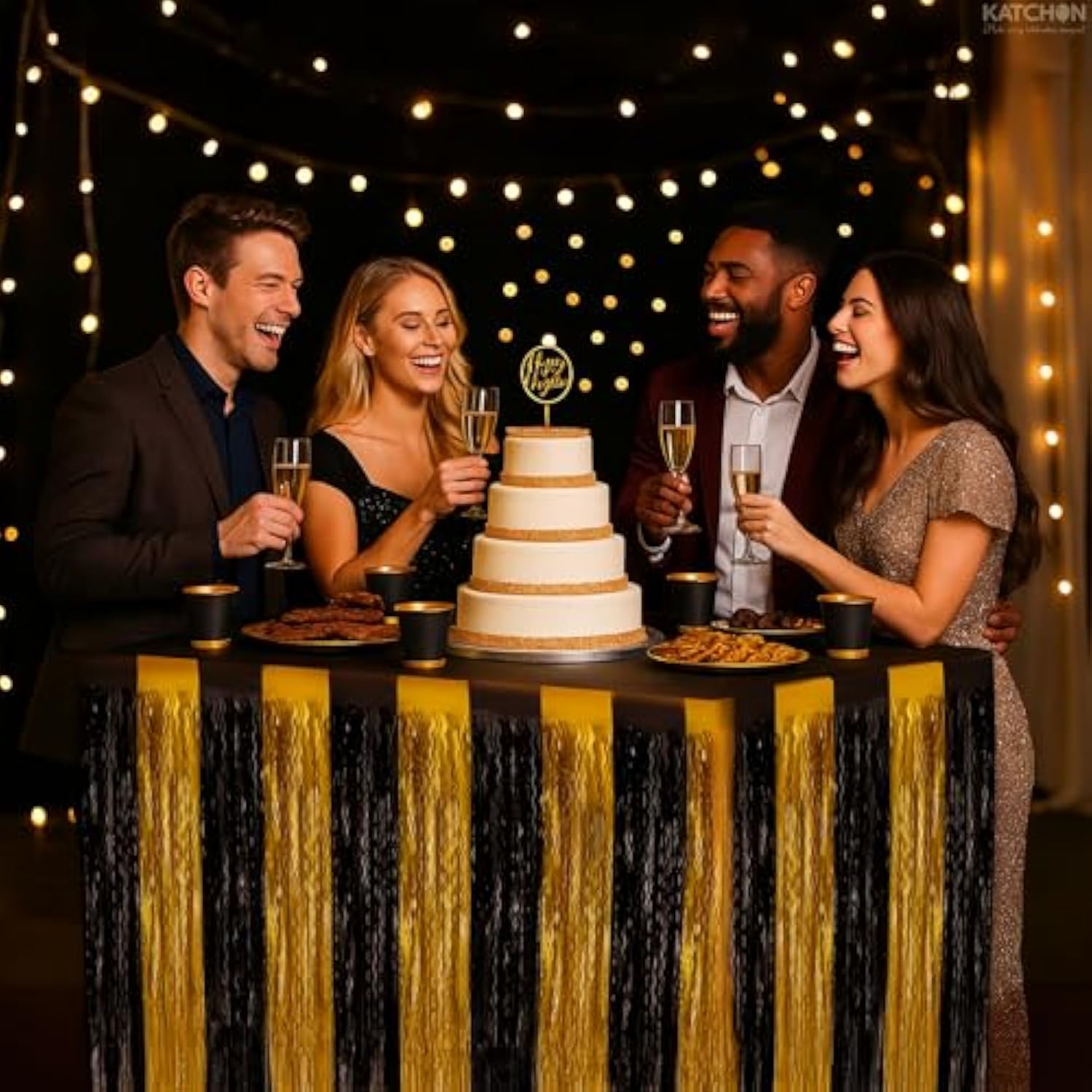 Black and Gold Table Fringe Pack of 2 Tinsel Skirt Streamers for Party Decor