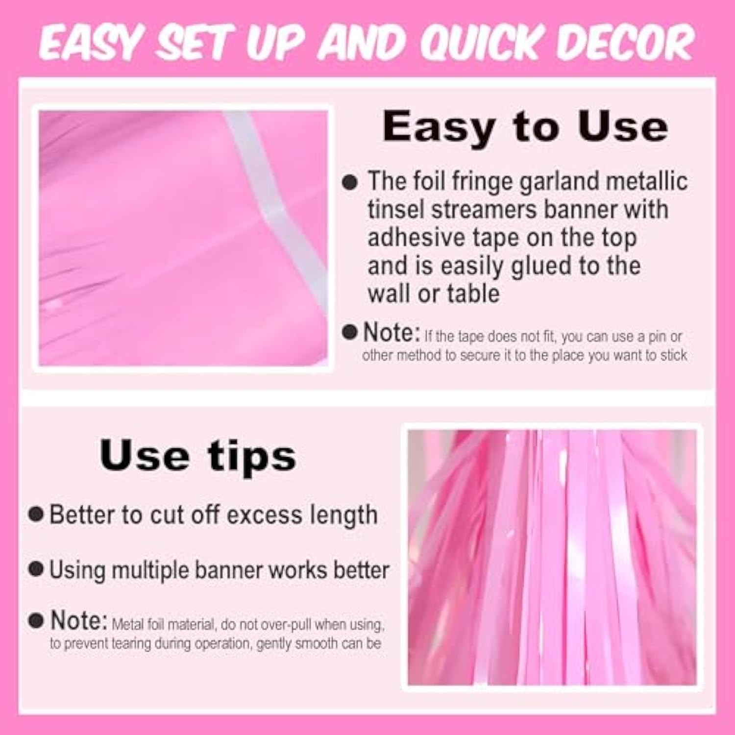 3 Pack 10 Ft Macaron Pink Foil Fringe Garland Metallic Streamers Tinsel Banner Wall Hanging Garland Backdrop For Parade Floats, Halloween, Christmas, Thanksgiving, New Year Party Decorations