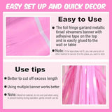 3 Pack 10 Ft Macaron Pink Foil Fringe Garland Metallic Streamers Tinsel Banner Wall Hanging Garland Backdrop For Parade Floats, Halloween, Christmas, Thanksgiving, New Year Party Decorations