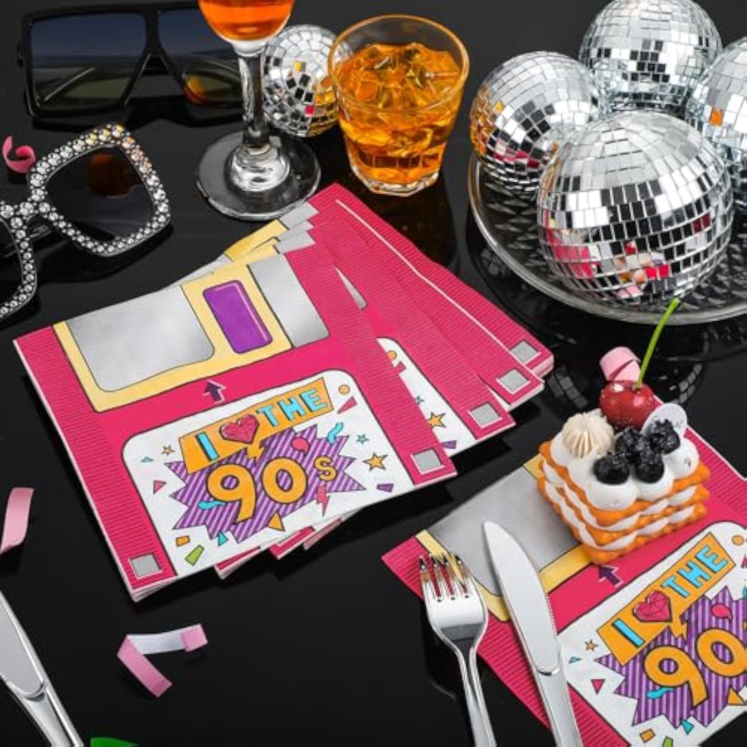 100 Pcs 90'S Paper Cocktail Napkins Disposable Back To 50'S 80'S 90'S Luncheon Napkin For Retro 1950S 1980S 1990S Hip Hop Sock Hop Rock Roll Birthday Party Supplies Decorations