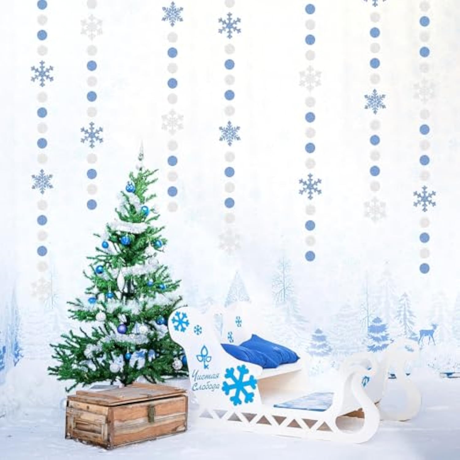 Snowflake-Snow Silver-Blue Christmas Party-Decorations Garland - 58Ft White Winter Wonderland Frozen Hanging Paper Streamers Banner,Birthday Baby Bridal Shower Wedding New Year Supplies Decor
