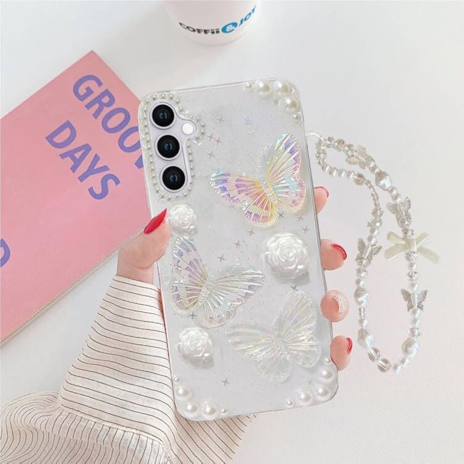 For Samsung Galaxy A16 5G Clear Glitter Case, Cute 3D Butterfly Floral Crystal Pearl Bling Sparkle Shiny With Wrist Strap Soft Tpu Aesthetic Women Girls Phone Case For Galaxy A16 6.7" (Clear)