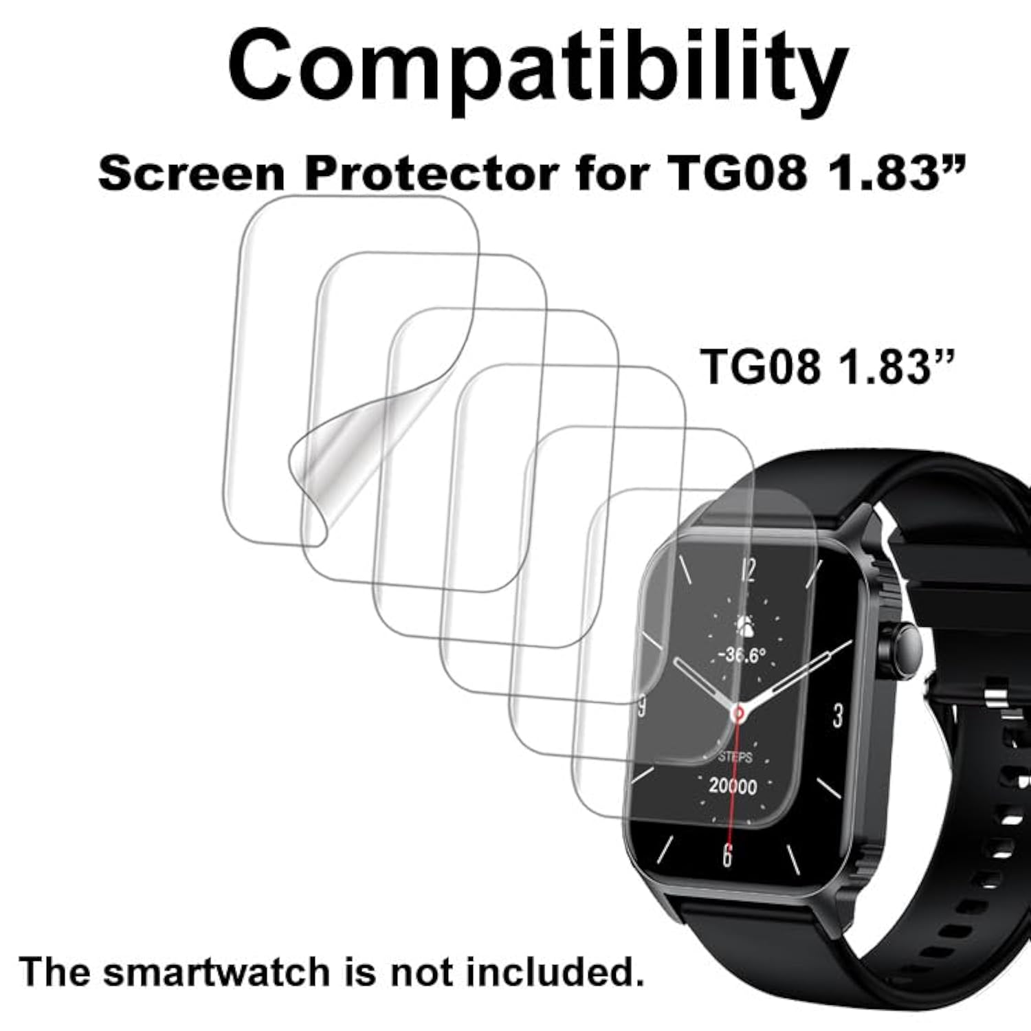 Screen Protector Compatible With Trausi Tg08 1.83” Fitness Tracker Smart Watch, 6-Pack Soft Tpu, Full Coverage, Bubble Self-Healing, With Non-Slip Pad Sticker