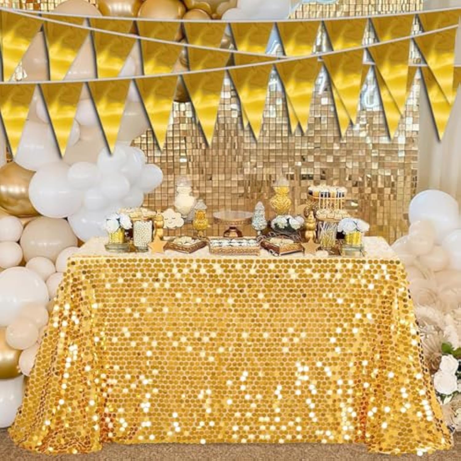 40M/130Ft Gold Triangle Pennant Banner Flag Metallic Fabric Bunting Garland For Christmas Graduation Wedding Engagement Anniversary Bachelorette Birthday Bridal Shower Valentines Hen Party Supplies