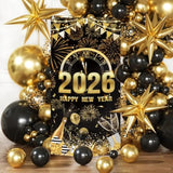 2026 Happy New Year Door Cover Black Gold Party Decor with Balloon and Fireworks
