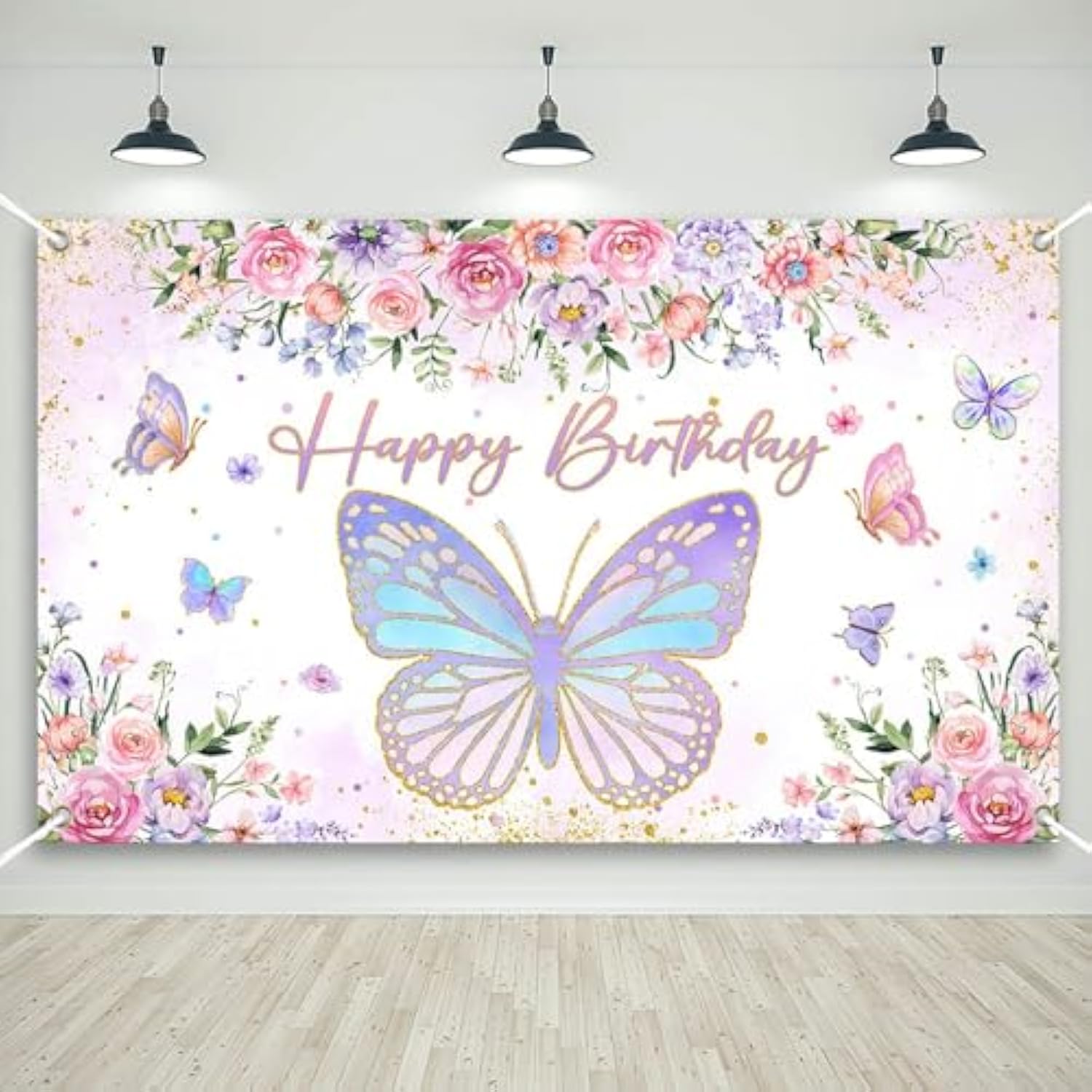 Purple Pink Butterfly Birthday Banner 70.8×43.3 Inch Party Backdrop