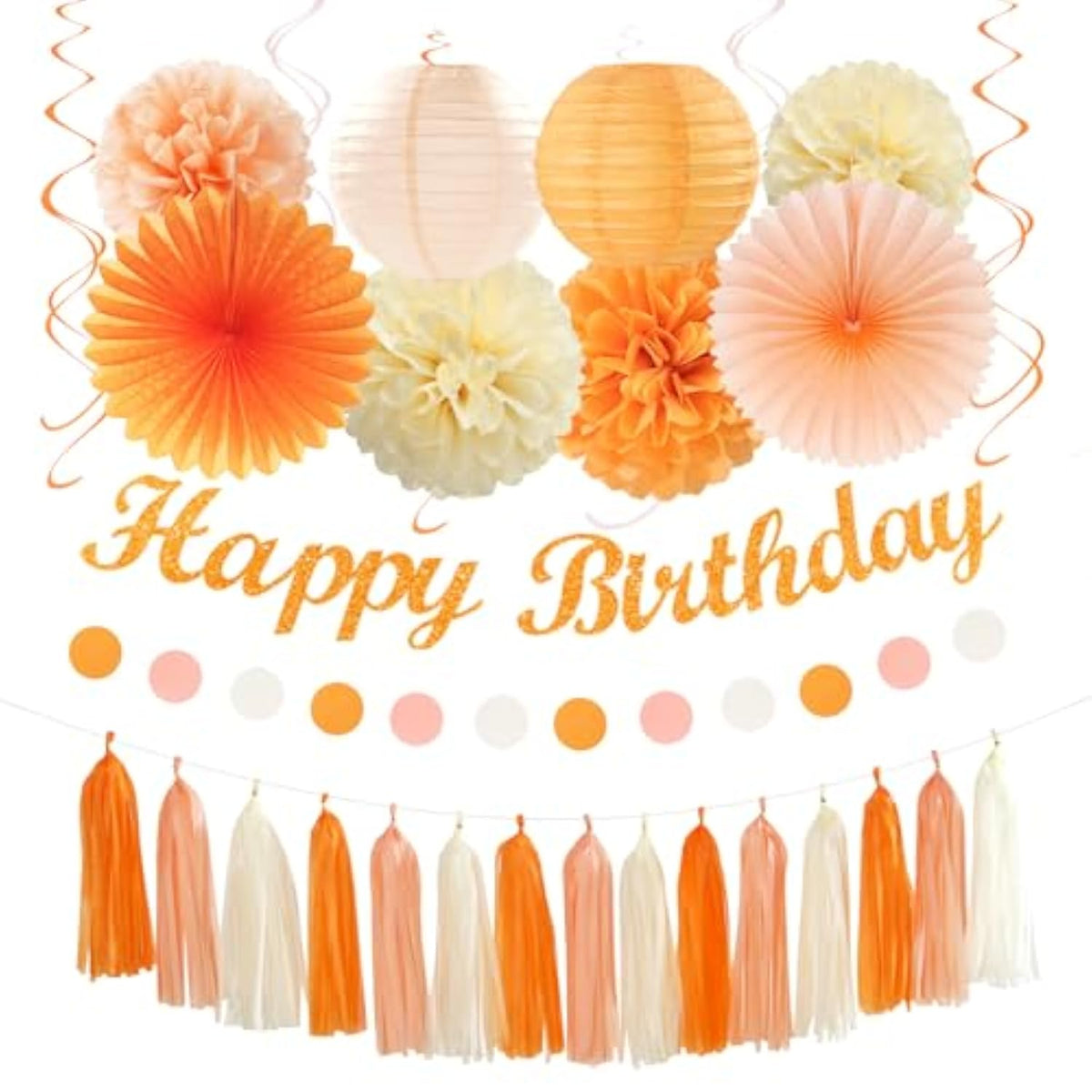 Orange-Peach Beige First Happy-Birthday Party-Decorations - 31Pcs 20Th Women Girls Bohemian Groovy Paper Lanterns Streamers Banner,Tissue Pom Poms Decor,Fall Boho Fans Tassels Graland Backdrop