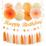 Orange-Peach Beige First Happy-Birthday Party-Decorations - 31Pcs 20Th Women Girls Bohemian Groovy Paper Lanterns Streamers Banner,Tissue Pom Poms Decor,Fall Boho Fans Tassels Graland Backdrop
