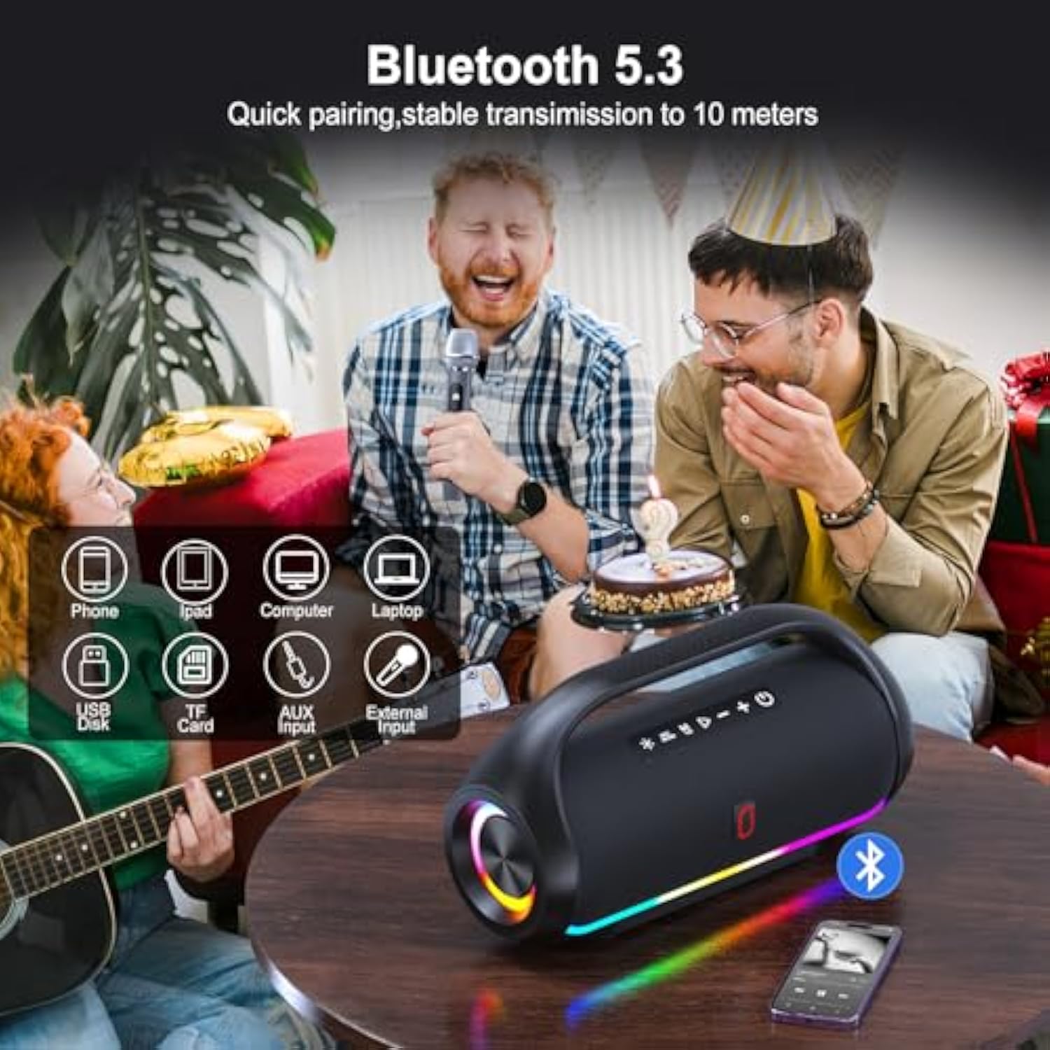 Portable Bluetooth Speaker Wireless With 2 Microphones, Ipx5 Waterproof Speakers With Deep Bass & Led Lights, Loud Stereo Portable Speaker For Outdoor Indoor Home Parties Hiking Camping