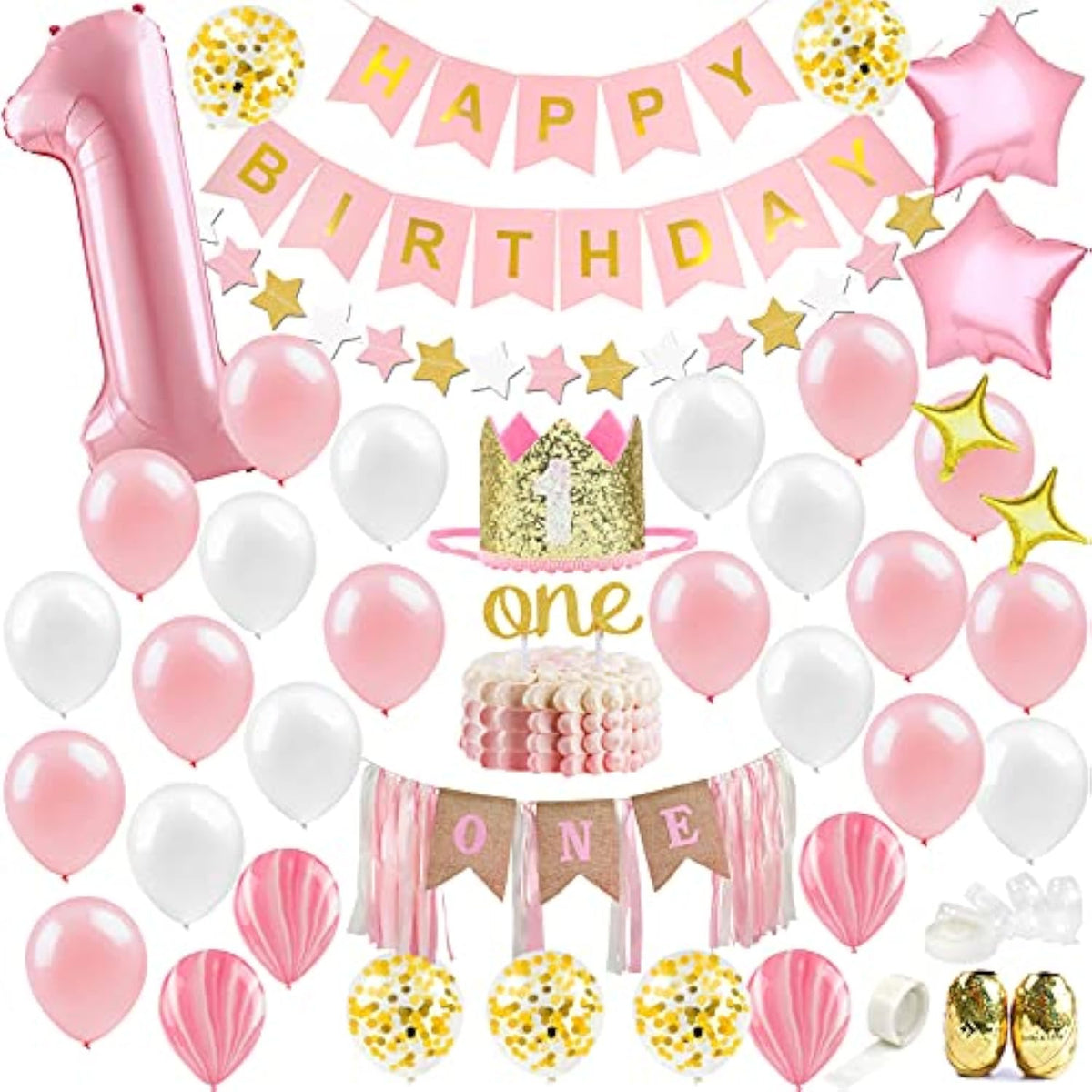 60pcs Baby Girl 1st Birthday Kit with Banner, Balloon Arch, Crown & Cake Topper