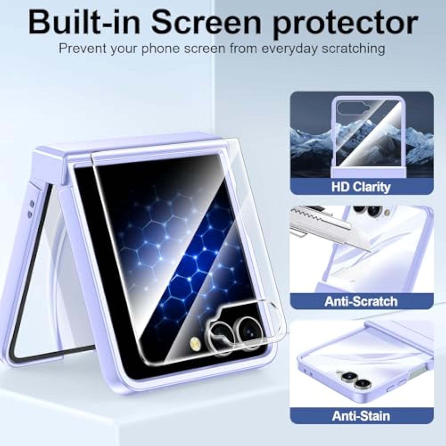 For Samsung Galaxy Z Flip 7 Case 2025 With Hinge Protection & Built-In Screen Protector, Military Grade Drop Protection Slim Shockproof Full Body Rugged Phone Cover Anti-Fingerprint, Lavender