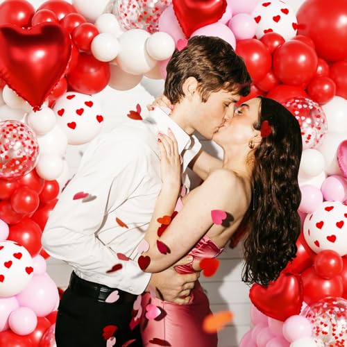 Valentines Day Balloon Garland Arch Kit, Pink Red I Love You Balloons with Rose Petals for Bachelorette Bridal Wedding Engagement Birthday Galentines Romantic Valentines Party Decorations