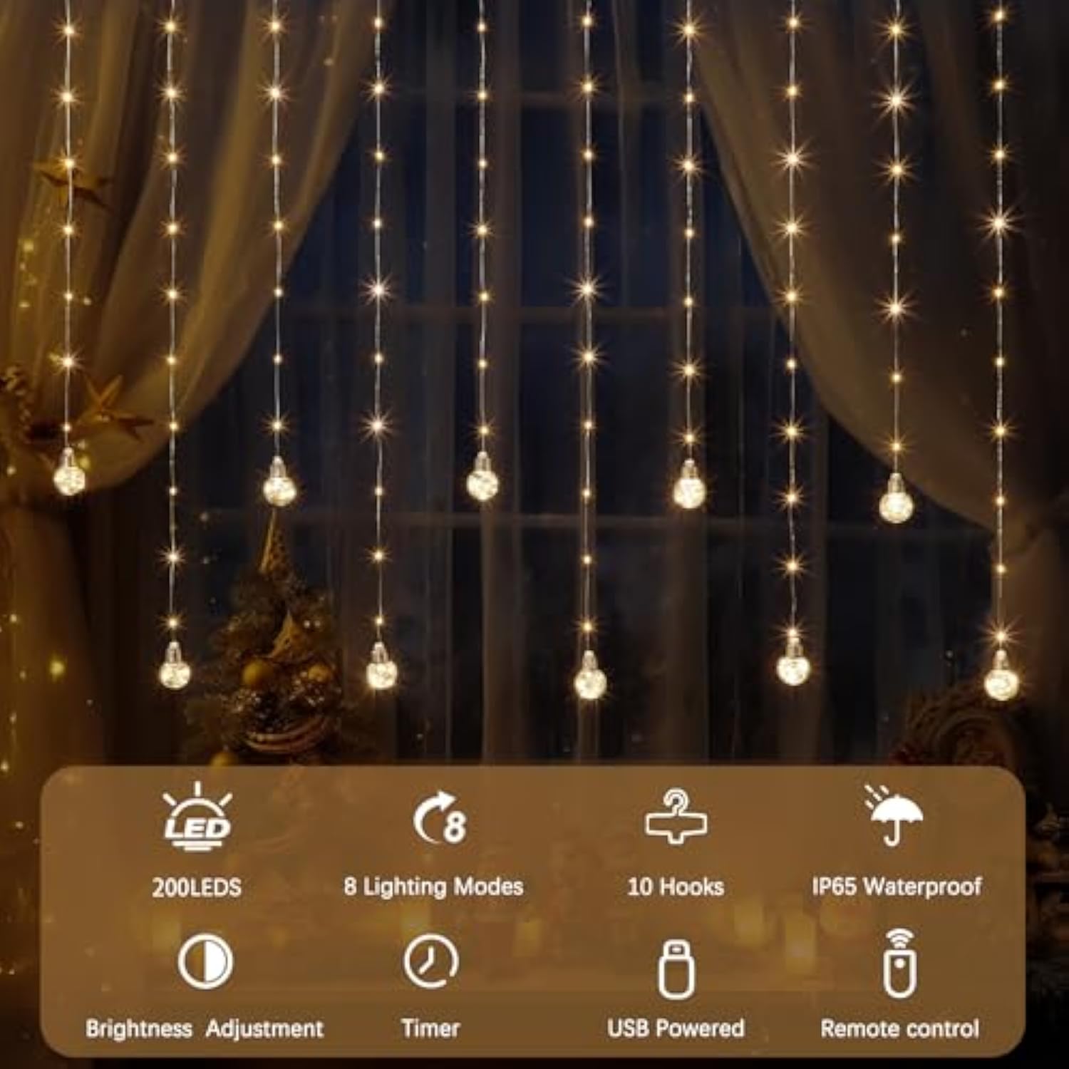 200 Led Curtain Fairy Lights - 9.8 Ft Wishing Ball Window Hanging Lights With Remote, Usb Powered Waterproof For Christm