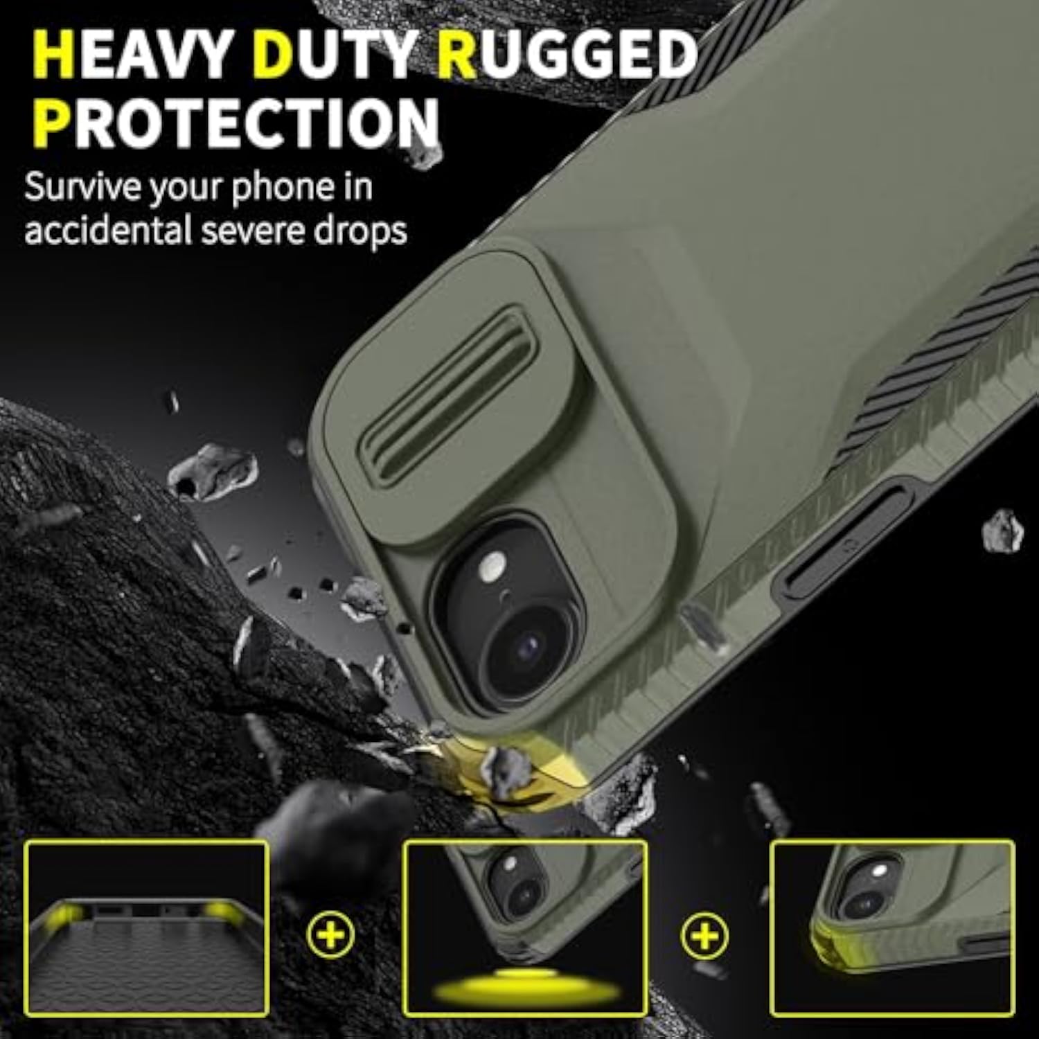 Heavy Duty Rugged Shockproof Protective Case for iPhone 16e/17e 6.1 Inch - 2 in 1 Built-in Slide Camera Cover and Screen Protector (Pine Green)