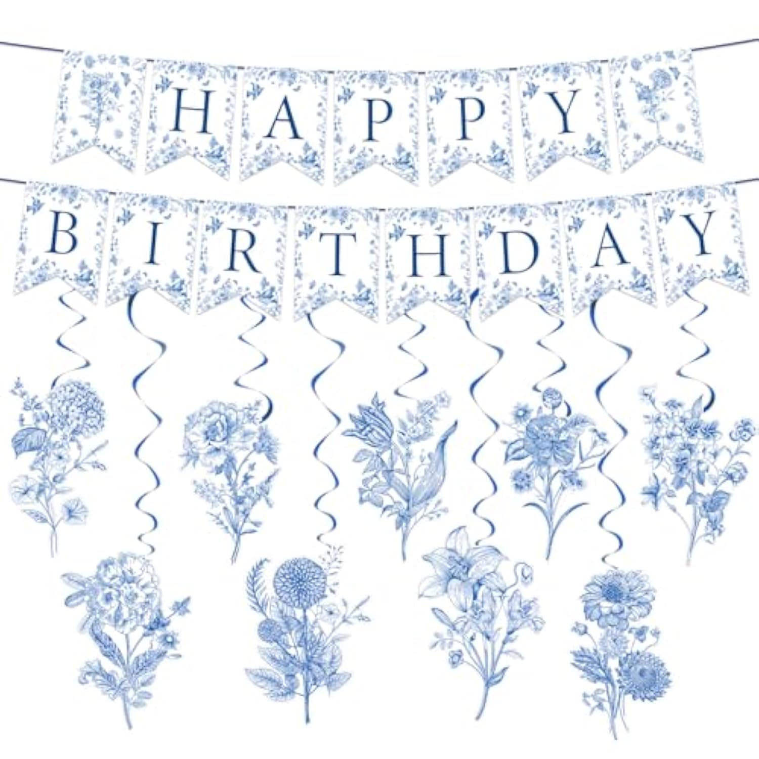 11 Pcs Blue Flower Chinoiserie Happy Birthday Banner & Hanging Swirls