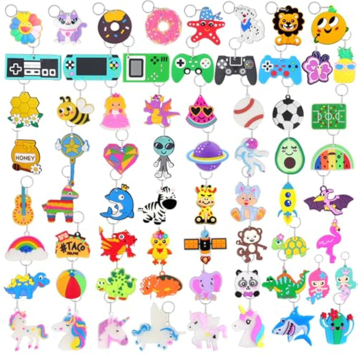 65 Pcs Cute Keychain For Kids Party Favors With Video Game Animal Mermaid Dinosaur Ball Donut Fruit Gift School Prize Goodie Bag Stuffers Birthday Party Supplies