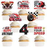 40 Pcs Need Four Speed Birthday Decorations, Checkered Flag Race Car Cupcake Toppers, Happy 4Th Birthday Decorations For 4 Years Old Boys Racing Bday Party Favors Supplies