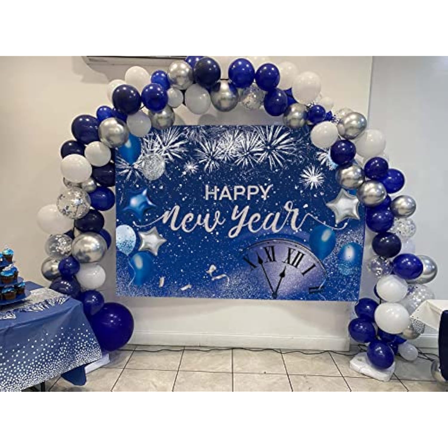 7x5ft Happy New Year 2026 Backdrop Blue Glitter Fireworks Party Banner