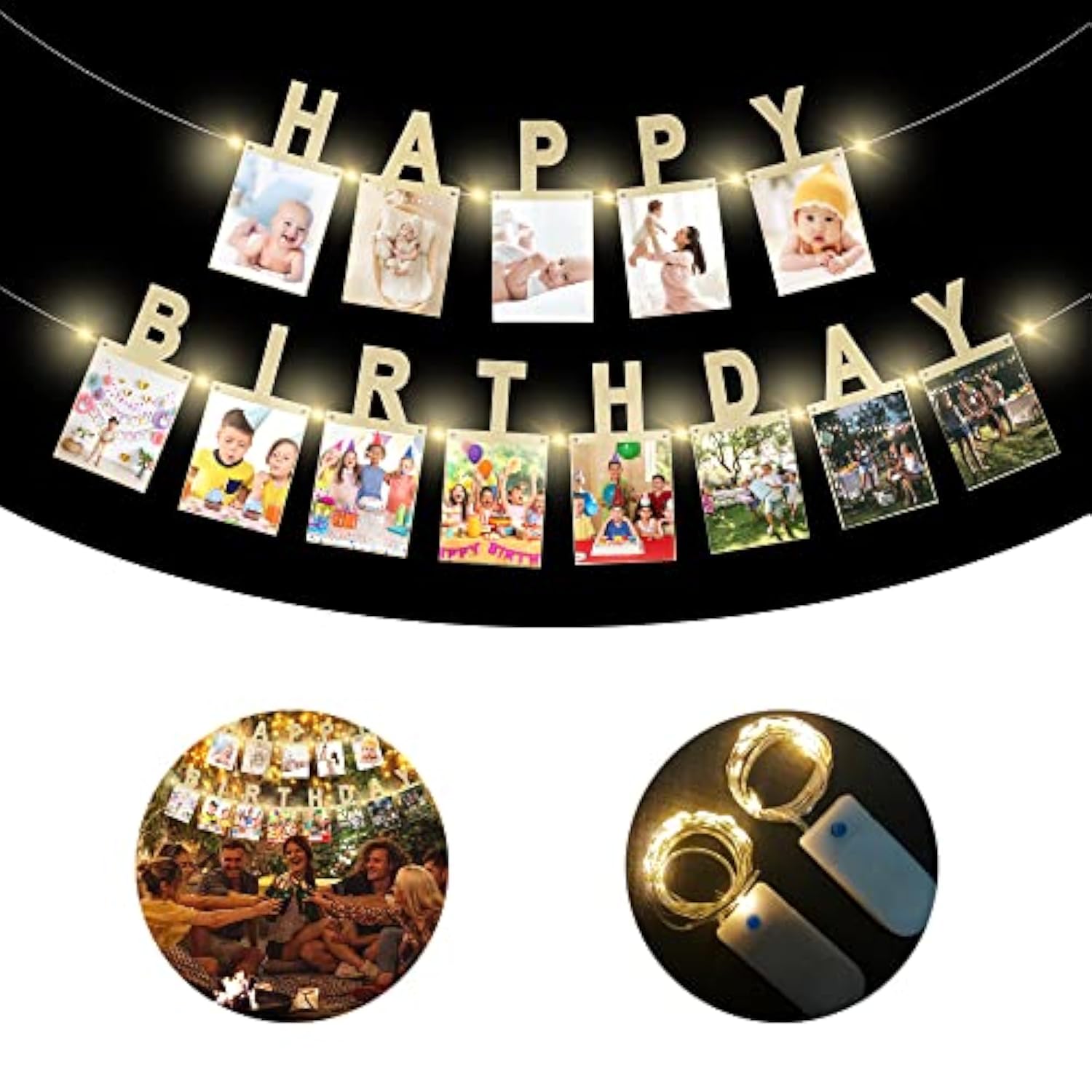 Birthday Photo Banner With 2 Strings Of Fairy Lights For Children And Adult Birthday Party Decorations, Annual Milestone Happy Birthday Banner (Gold)