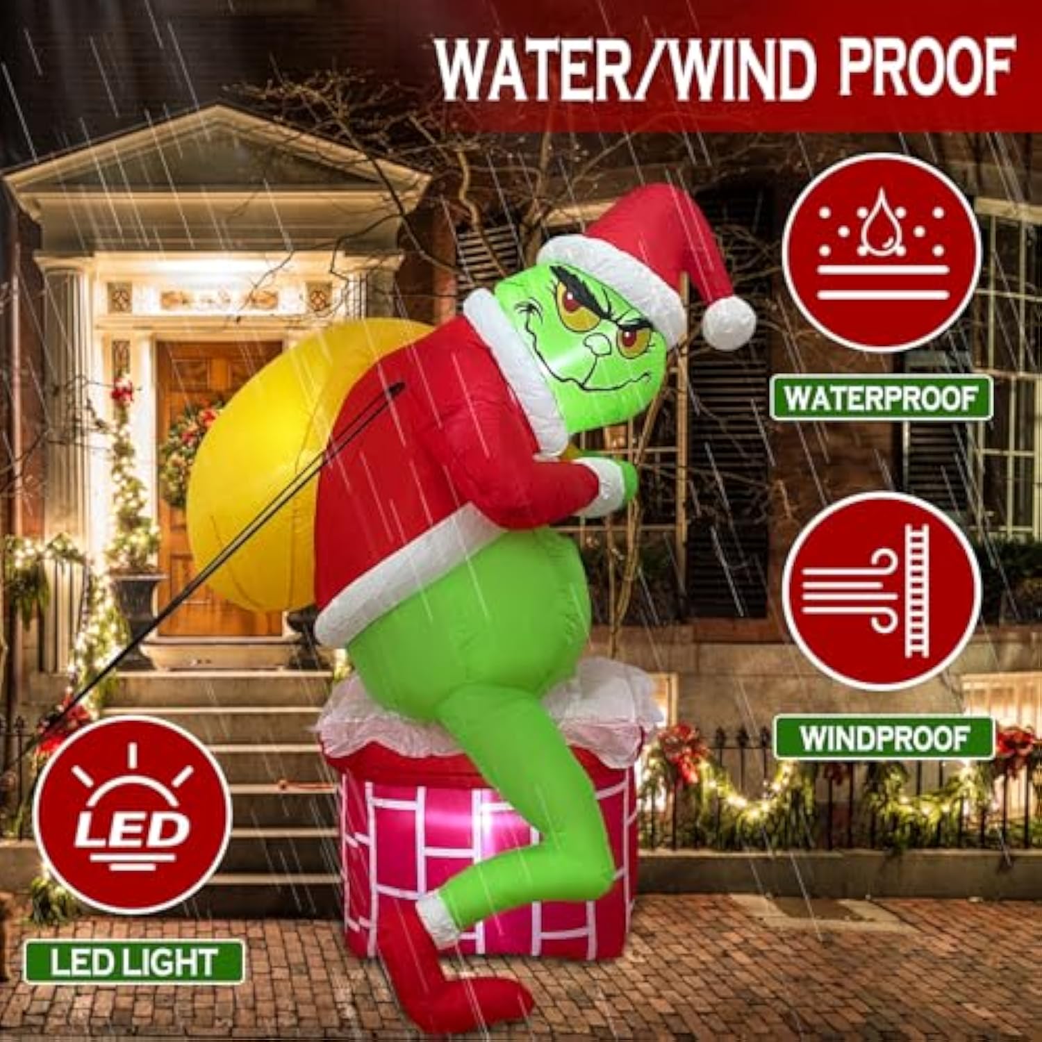 Christmas Inflatable G R In. Ch, Green Santa Chimney Inflatables Outdoor Decor, Blow Up Yard Decorations With Led Light,
