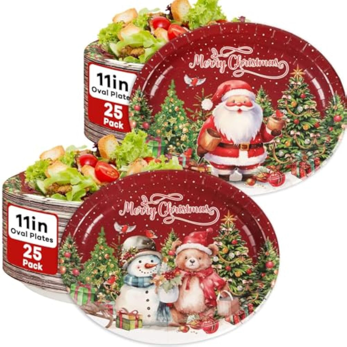 50 Pcs Christmas Vintage Oval Paper Plates 11Inch Holiday Retro Winter Santa Snowman Christmas Tree Table Platter Disposable Dish Tray For Candy Cookie Xmas Eve Birthday Party Dinner Supplies