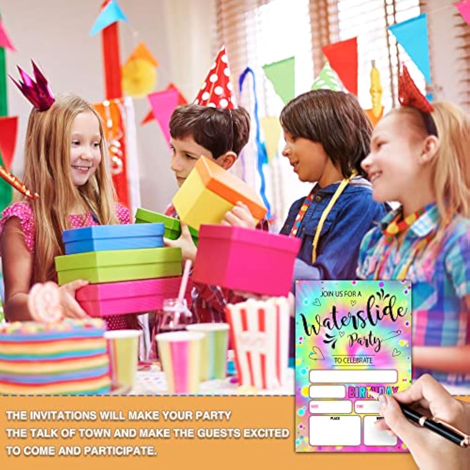 Waterslide Birthday Party Invitations, Summer Pool Birthday Invitation, Double-Sided Tie Dye Themed Fill In Invites, Kids Splash Birthday Party Decorations, 20 Cards With 20 Envelopes(C04)