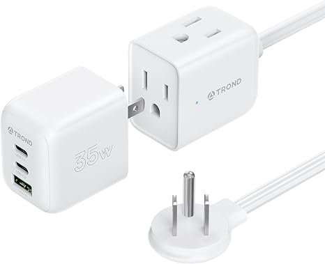 Travel Power Strip with Detachable USB C Ports GaN III Fast Charger 5ft Flat Plug Extension Cord Multiple Outlets White