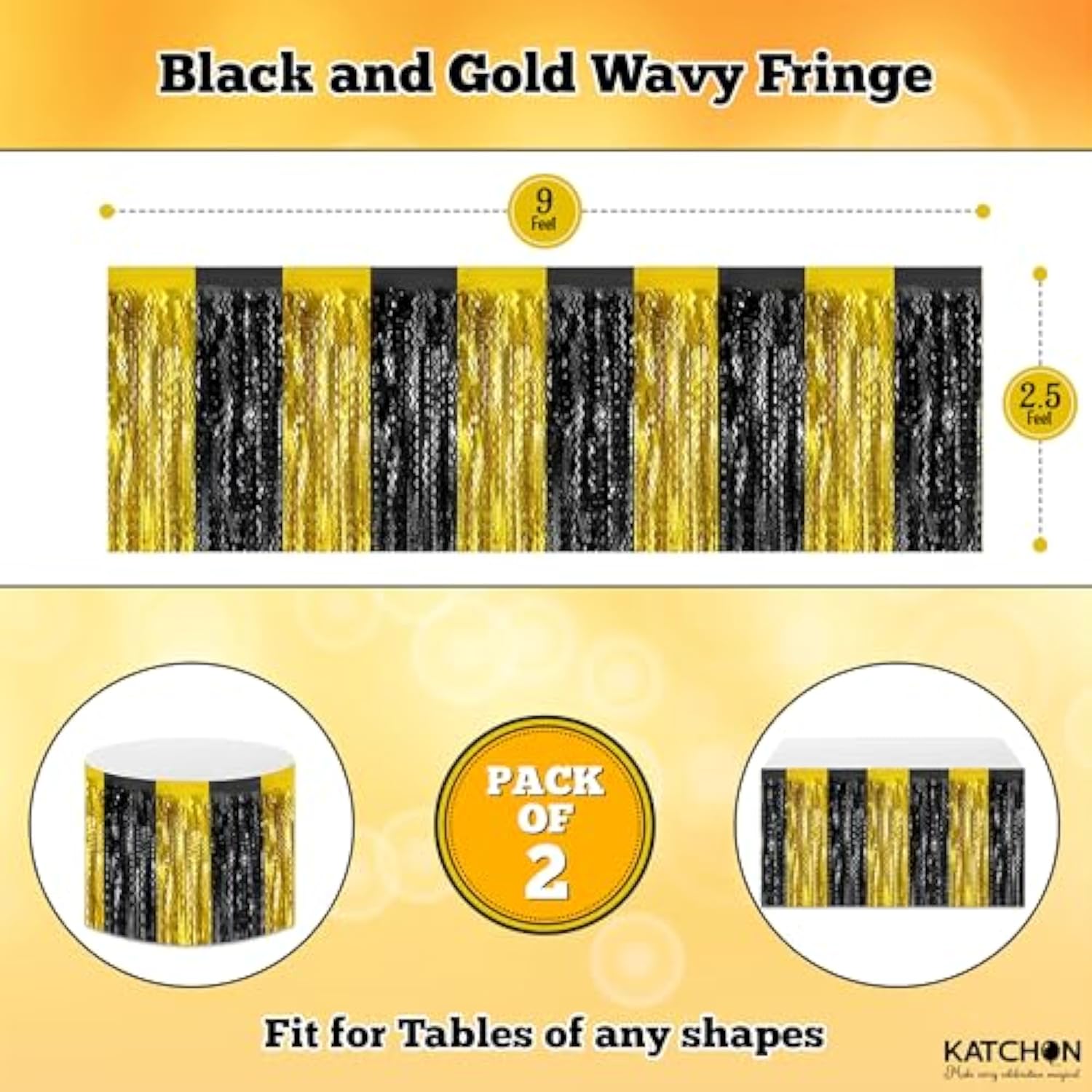 Black and Gold Table Fringe Pack of 2 Tinsel Skirt Streamers for Party Decor