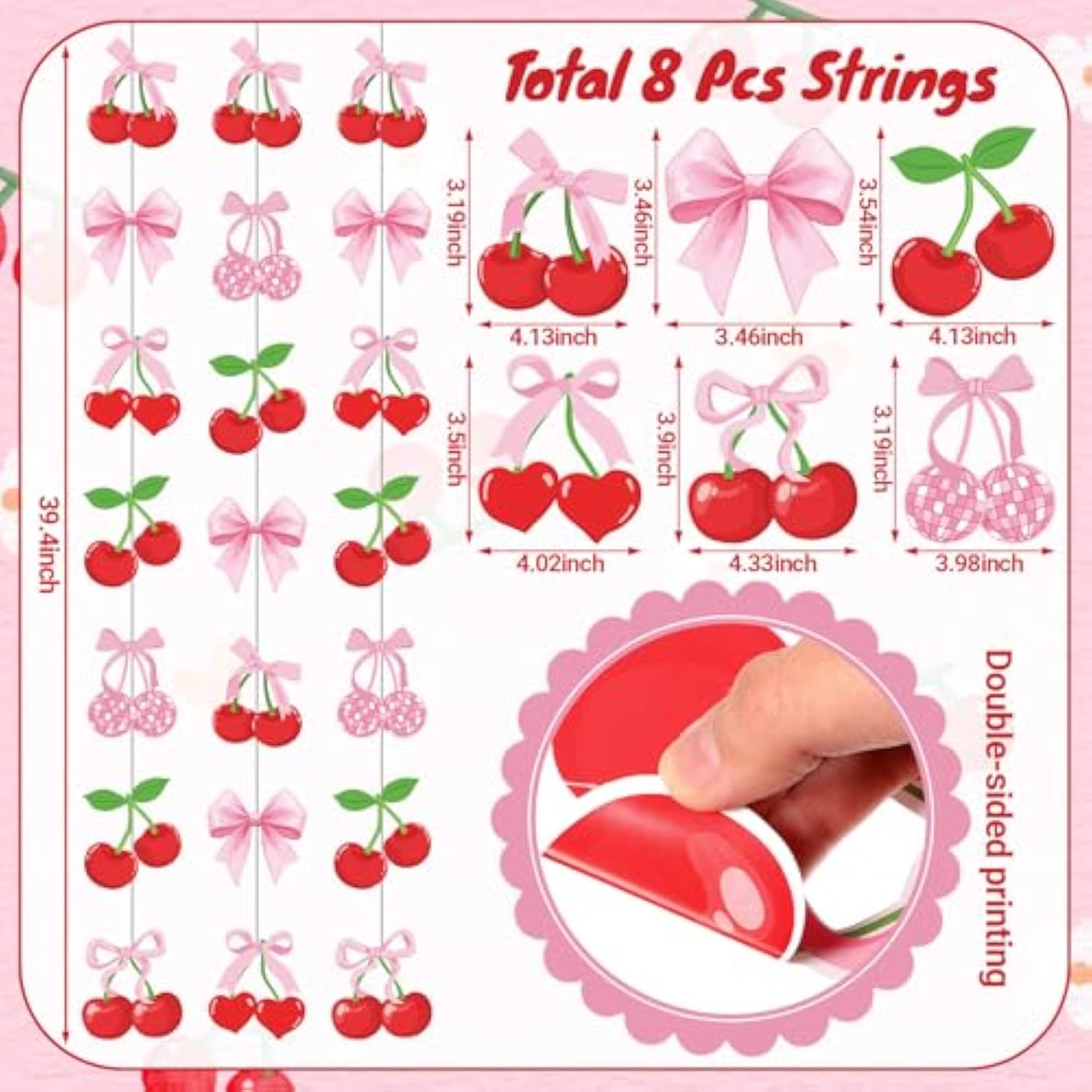 Cherry Party Decorations Pink Bow Hanging Banners Garland Cherry On Top Baby Shower Decorations Cutouts Ribbon Streamers For Berry Birthday Bridal Engagement Bachelorette Wedding Party Decor